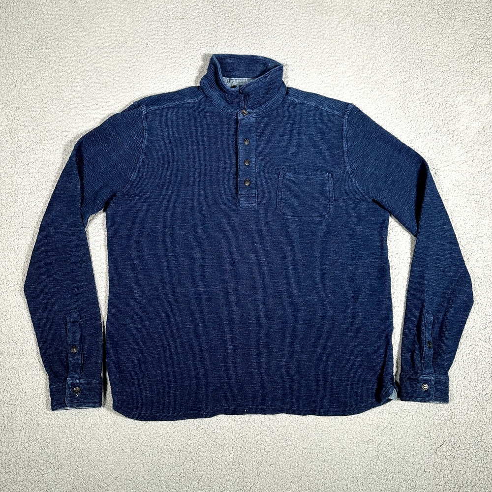 Lucky Brand Shirt Mens Large Blue Thermal Polo Sweater Casual Preppy Indigo Logo